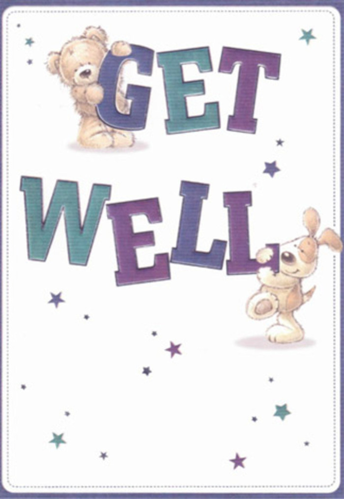 A scene brimming with loving care, this get well card is vividly illustrated with two endearing friends-a fluffy teddy and a lively puppy set amid a scattering of playful stars. The bear, rendered with artful textures that nearly convey the touch of plush fur, perches confidently atop bold 'GET', while below, the puppy beams beside the vibrant 'WELL'. The letters themselves, shaded in gradients of amethyst and teal, seem to breathe with life as they pop against the light, fresh background evocative of Finchley's open skies. The scattered stars, painted in a medley of blues and purples, flicker across the page like warm wishes offered along Finchley's community lanes. There's an almost tangible gentleness to the visuals-as if these characters could extend a comforting embrace through the card, the way a lovingly arranged bouquet from a local Finchley florist might offer solace. The entire scene captures the reassuring, hopeful essence of recovery and friendship, reflecting the supportive spirit often found in Finchley's neighbourhood cafes or during a stroll through Stephens House & Gardens. Whether sent with a fresh floral arrangement or on its own, this card promises to brighten any patient's day with genuine warmth and kindness.